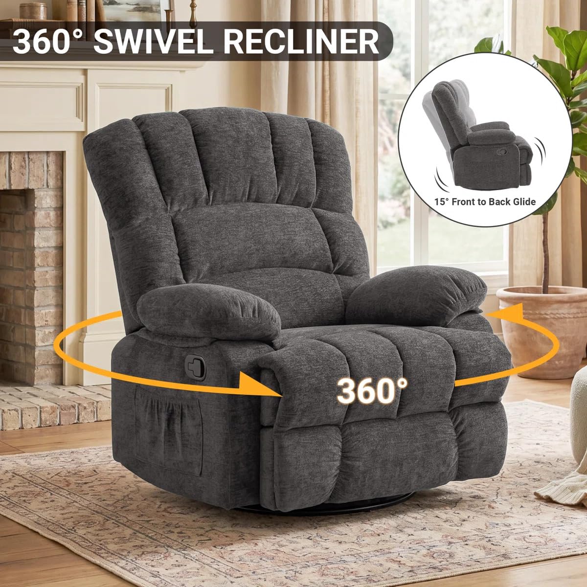 WILLOVE 41" Oversized Rocker Recliner Chair, Rocking Recliners Overstuffed Soft Big Man Manual Recliner, Extra Large Chenille Living Room Chair 350 LBS Capacity, Grey, L