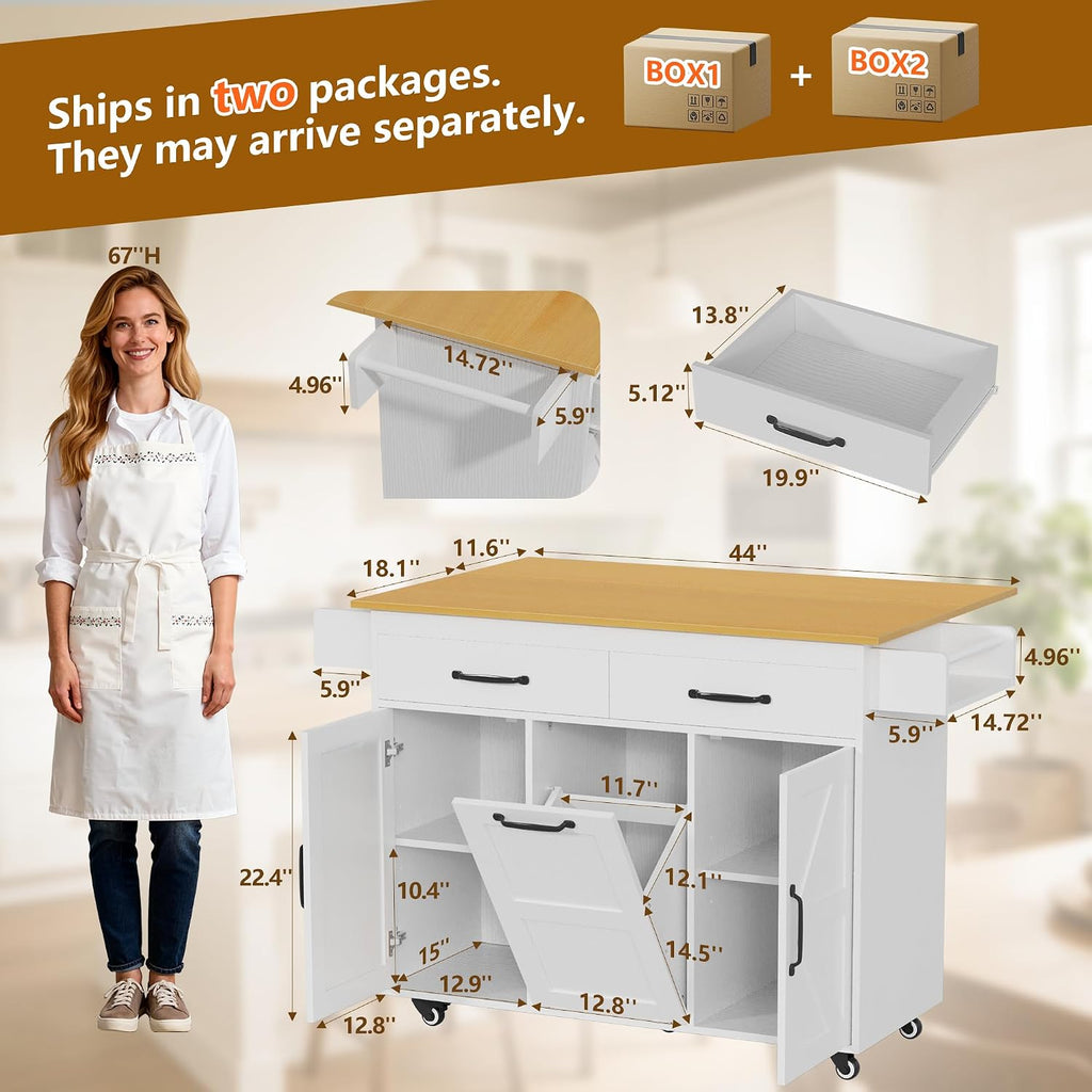 YESHOMY Kitchen Island on Wheels with Trash Cabinet, White & Brown