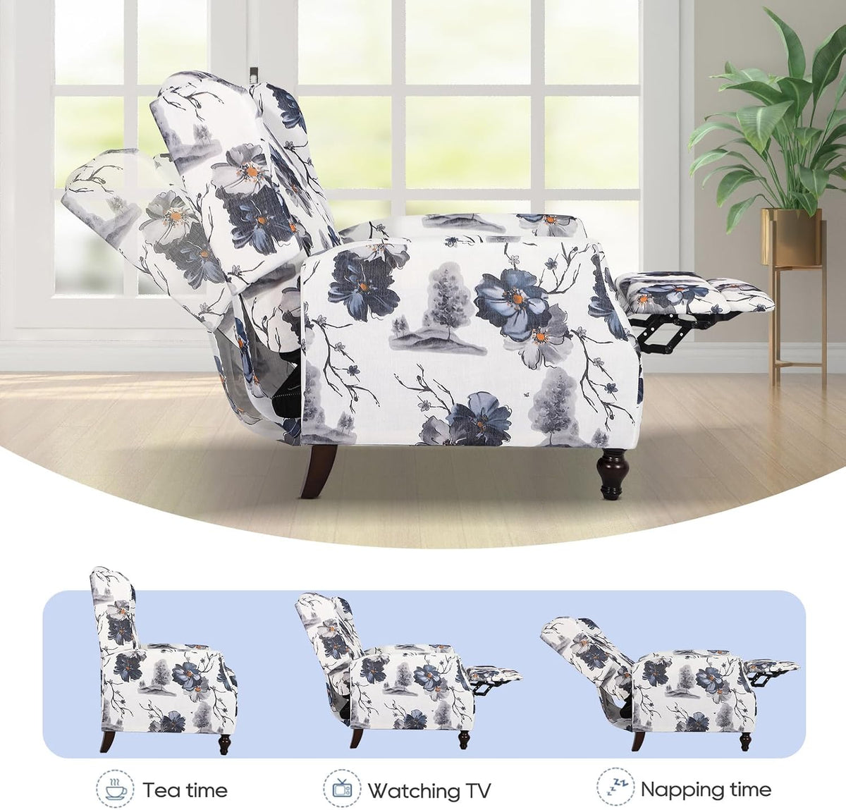 Wingback Recliner Chair - Tufted Arm Chair Recliner - Fabric Push Back Single Sofa for Living Room Adjustable Backrest (Blue Floral)