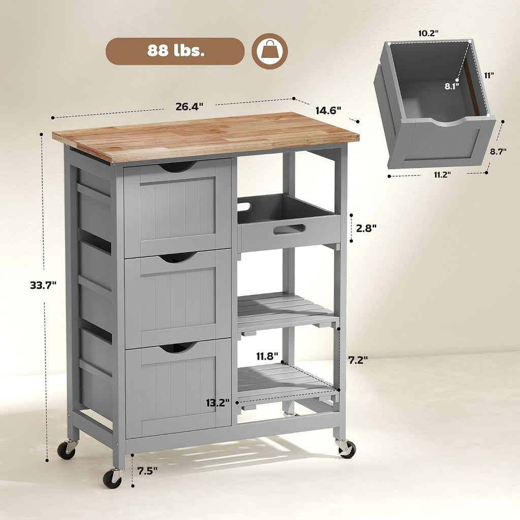 HOMCOM Rolling Kitchen Island Cart with Wood Top, Shelves & Drawers, Gray