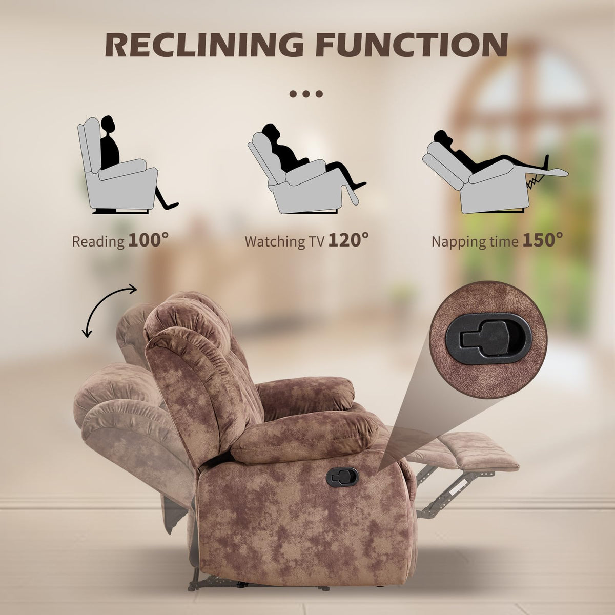 INZOY Manual Recliner Chair with Padded Armrest, Wall-Hugger Single Sofa Recliners with Overstuffed Back, Classical Fabric Reclining Chairs for Living Room Theater Seating, Brown