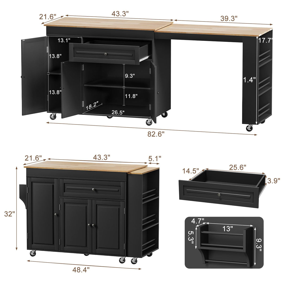 Expandable Kitchen Island with Storage Drawer and Wheels, White