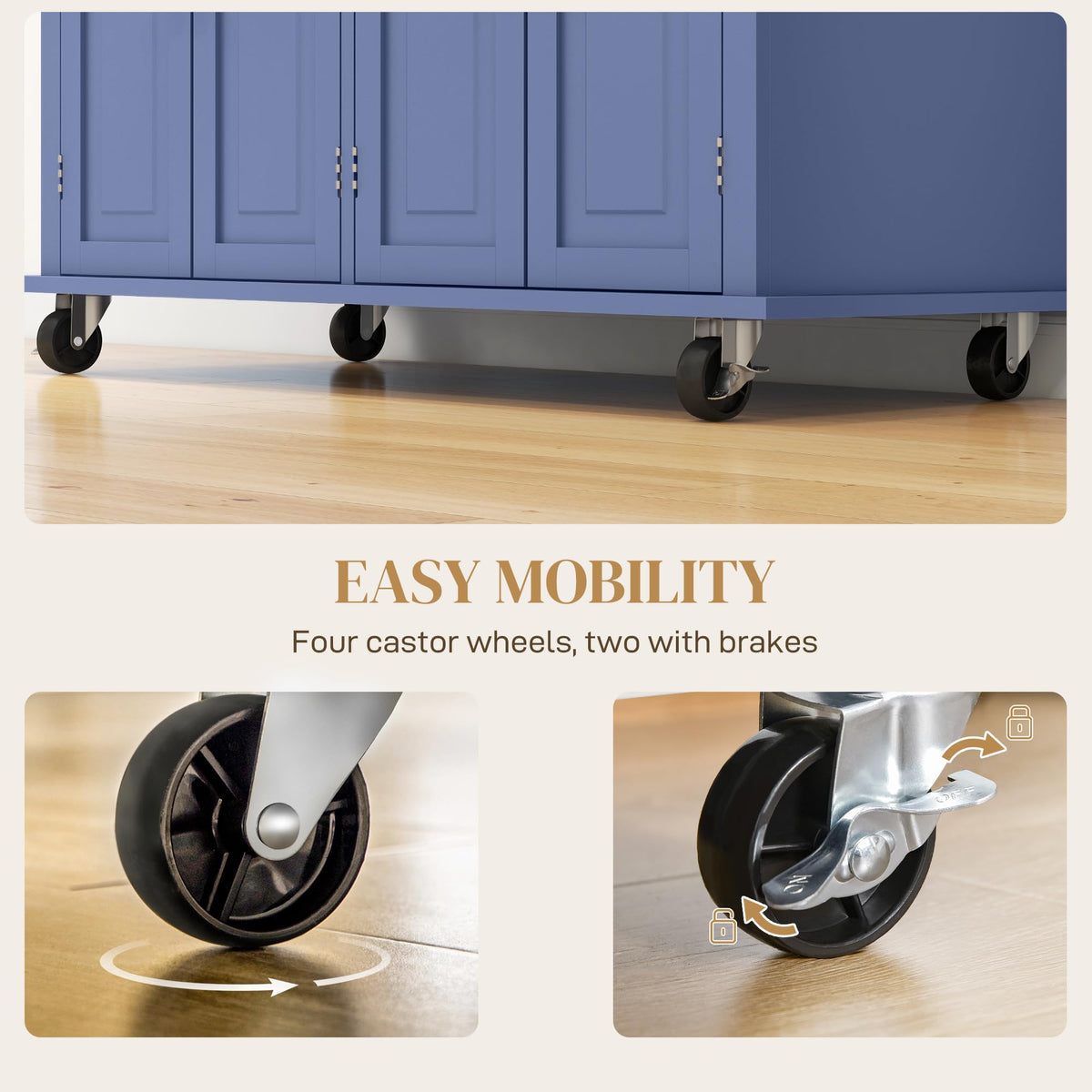 HOMCOM Kitchen Island Cart on Wheels with Solid Wood Top, 44" Cream White