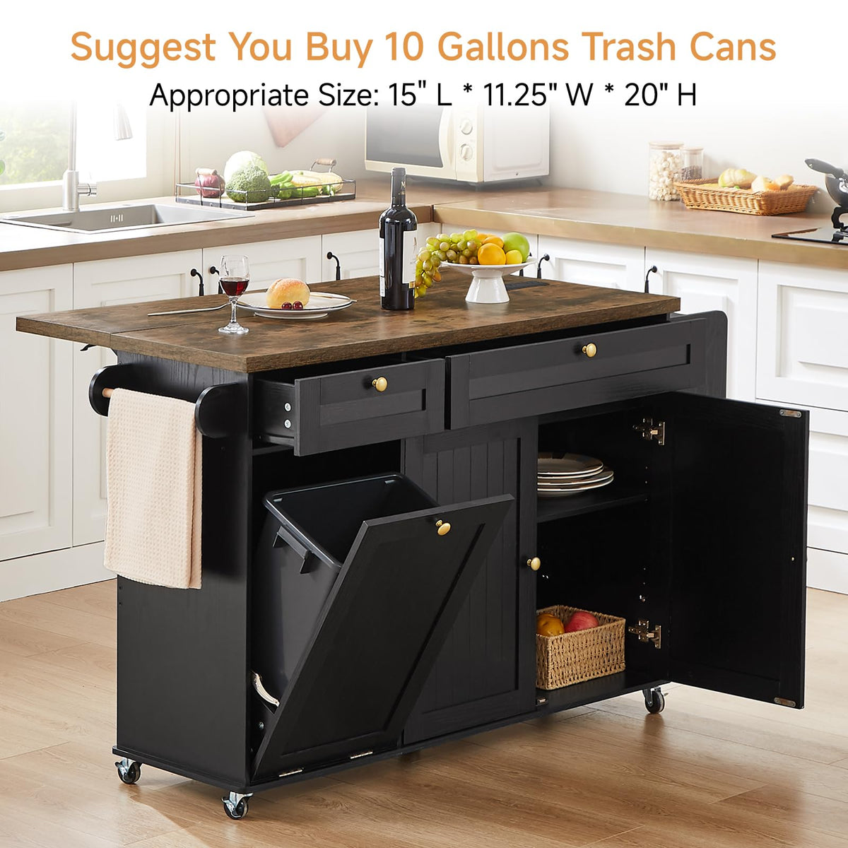 ONBRILL 60" Kitchen Island with Trash Can Storage, Rolling Island Table