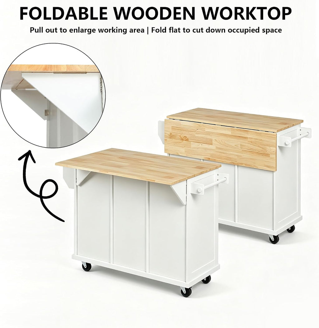 Rolling Kitchen Island with Rubber Wood Drop Leaf Countertop, Kitchen Cart on 5 Wheels with Storage Cabinet, 3 Drawers, Towel & Spice Rack, Mobile Kitchen Table for Dining Room Apartment, White