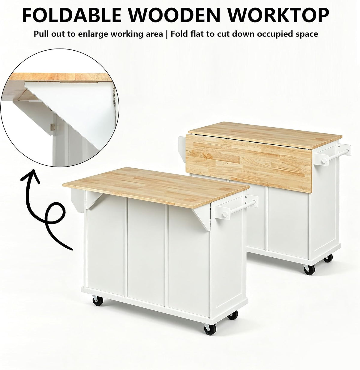 Rolling Kitchen Island with Rubber Wood Drop Leaf Countertop, Kitchen Cart on 5 Wheels with Storage Cabinet, 3 Drawers, Towel & Spice Rack, Mobile Kitchen Table for Dining Room Apartment, White