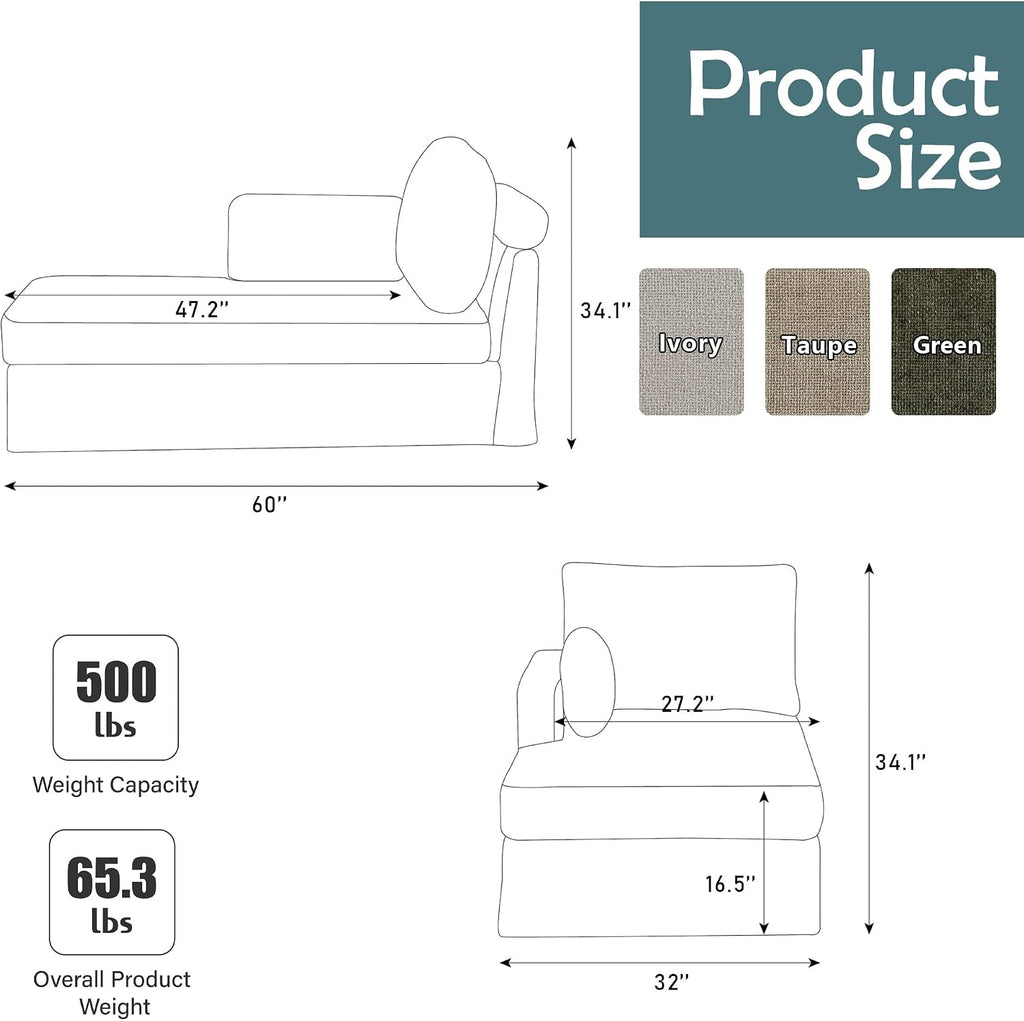 32" Wide Green Right Arm Chaise Lounge Chair