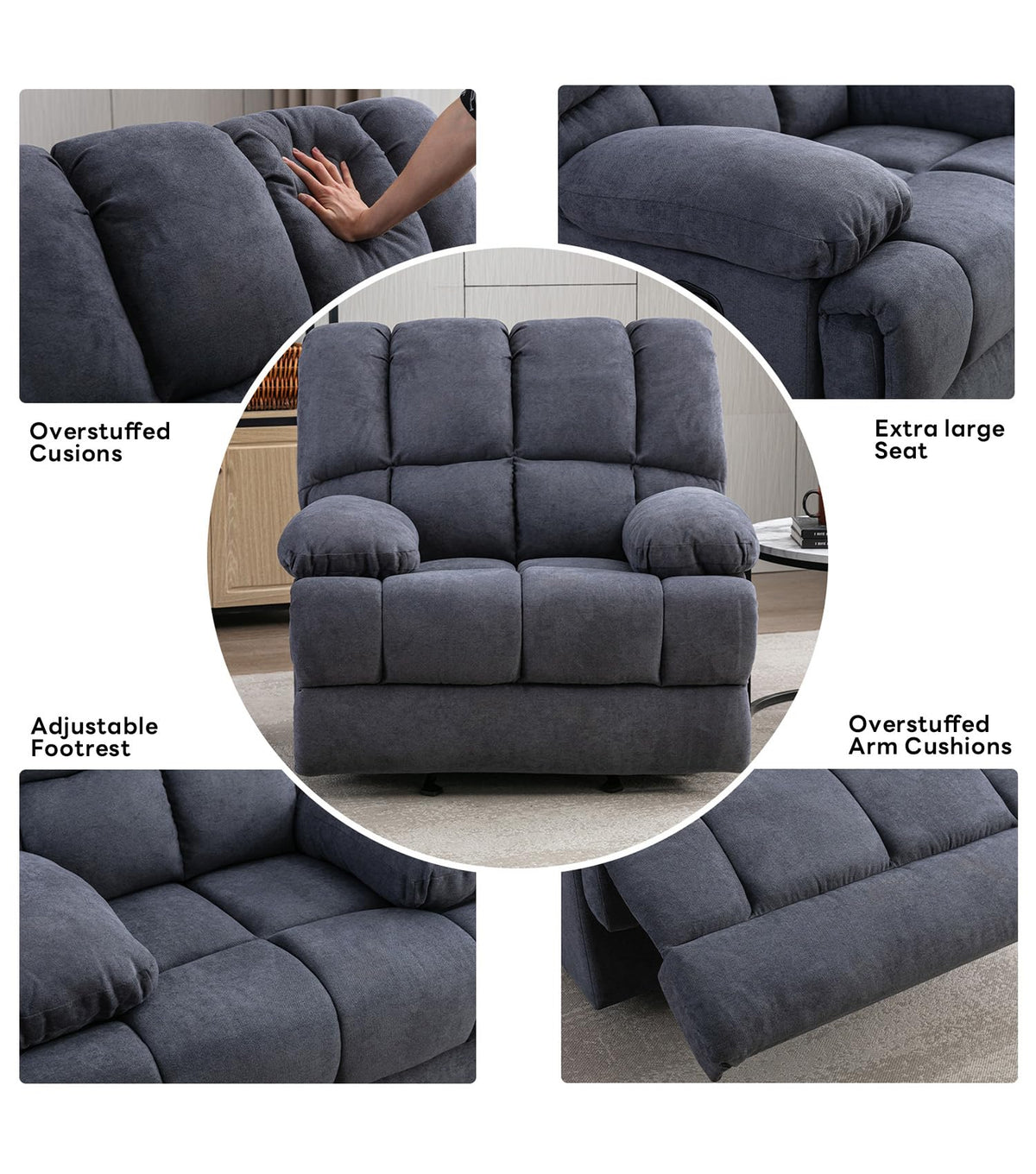 WILLOVE 41" Oversized Rocker Recliner Chair, Rocking Recliners Overstuffed Soft Big Man Manual Recliner, Extra Large Chenille Living Room Chair 350 LBS Capacity, Grey, L