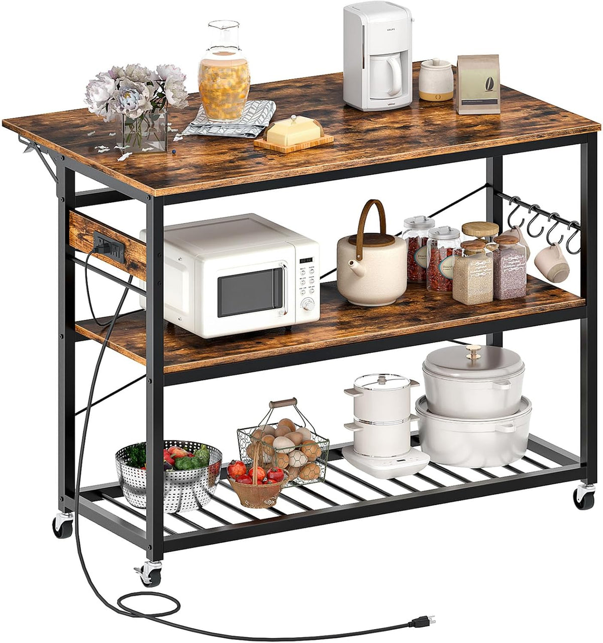 CHOEZON Kitchen Island with Power Outlet and Folding Top, Movable with 3-Tier Storage, Large Size, Wooden Shelves and Wine Rack, for Kitchen, Dining and Living Room, Rustic Brown and Black TZD02UBF