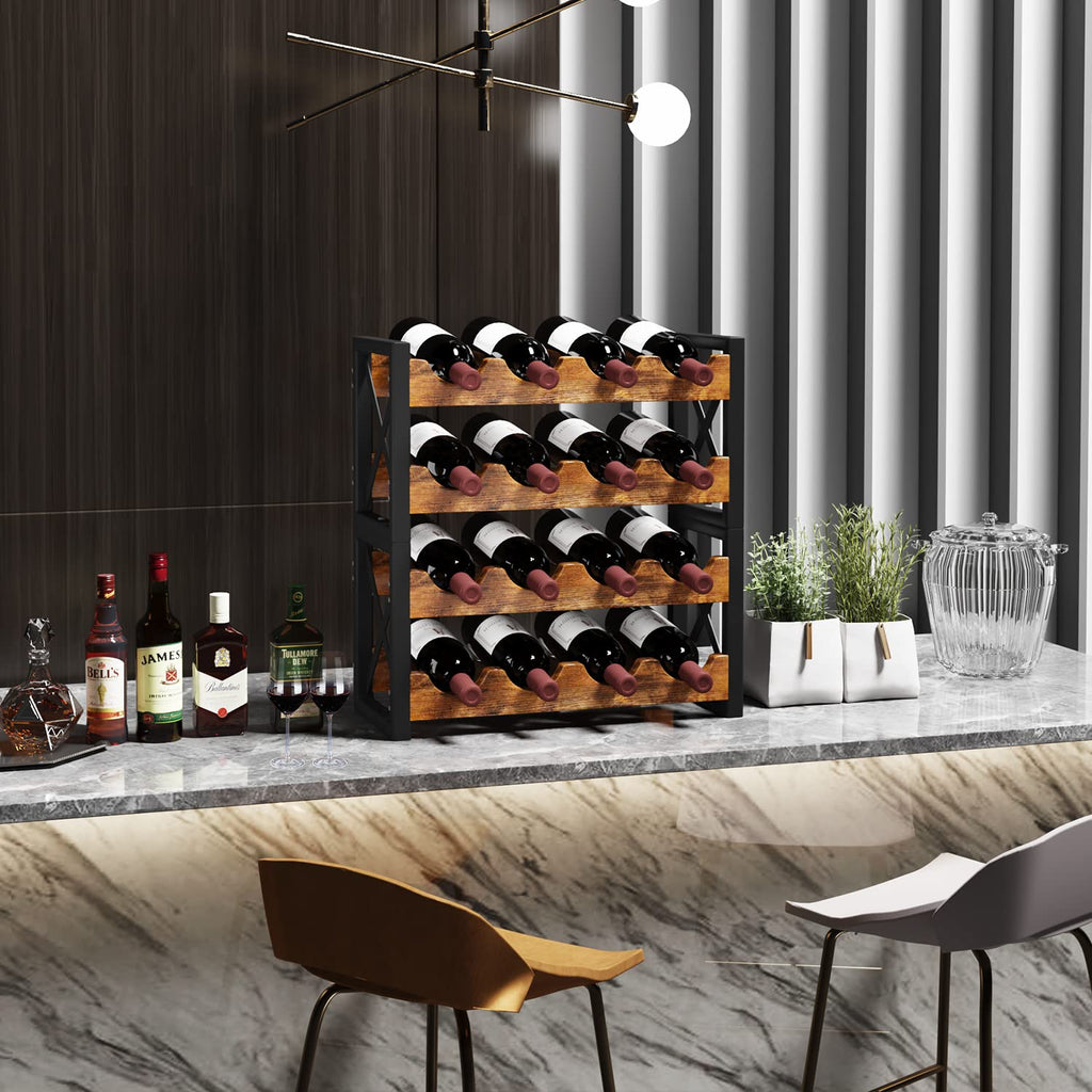 Homeiju 56-Bottle Wine Rack Freestanding Floor, Wooden Wine Storage Shelf, Stackable Wine Rack with Tabletop for Living Room,Kitchen or Wine Cellar
