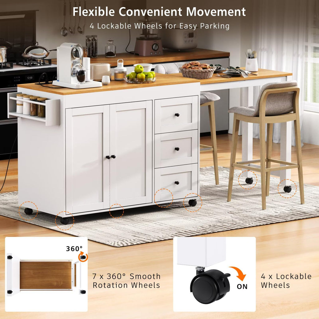 Large Kitchen Island with Extended Dining Table and Power Outlet, Rolling Kitchen Storage Cart with 3 Drawers, Kitchen Island on Wheels with Spice Rack and 2 Door Cabinet, Black