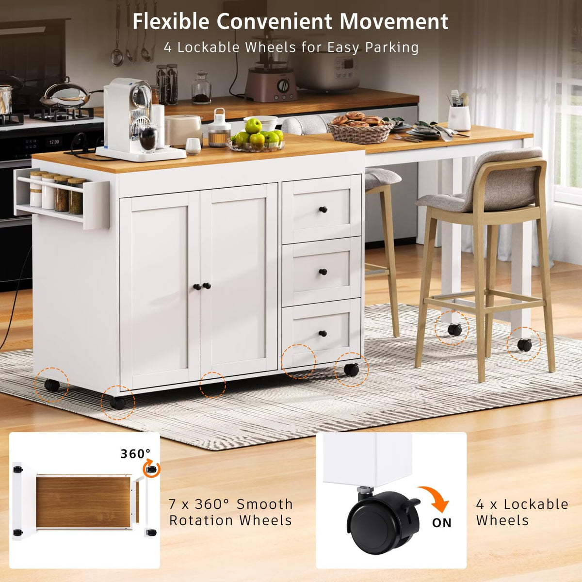 Large Kitchen Island with Extended Dining Table and Power Outlet, Rolling Kitchen Storage Cart with 3 Drawers, Kitchen Island on Wheels with Spice Rack and 2 Door Cabinet, Black