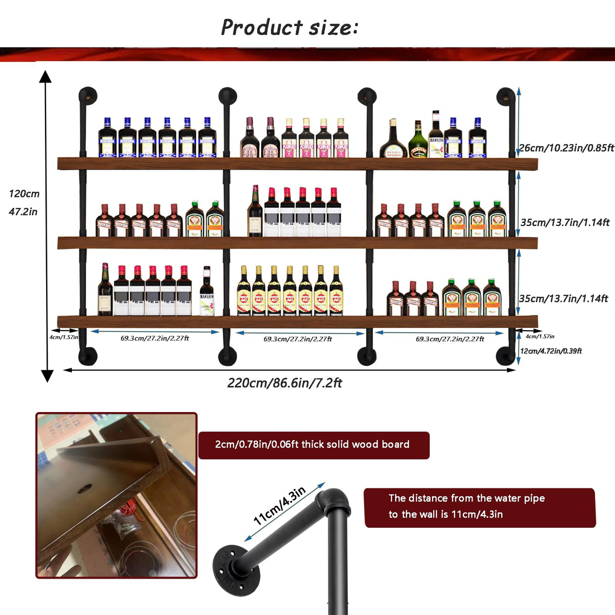 39.7in Solid Wood Wine Rack Wall Mounted with LED Light