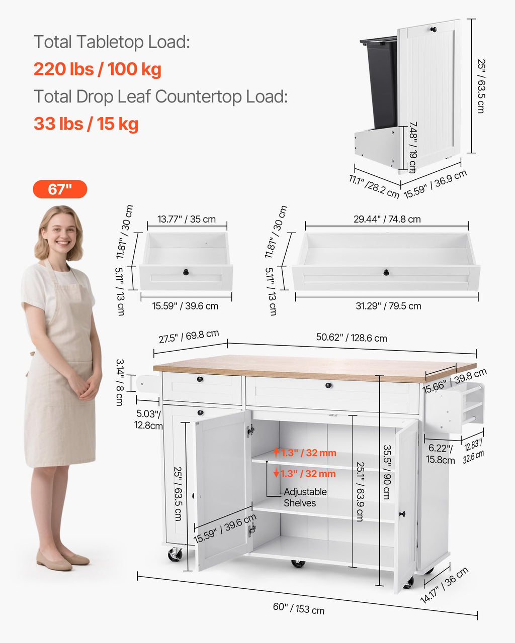 VEVOR Kitchen Island Cart with Storage, 47.64 in Wide Mobile Rolling Storage Island on Swivel Wheels, with 2 Drawers, Storage Cabinet, Drop Leaf, Towel Rack, Table for Home Dining Room, White