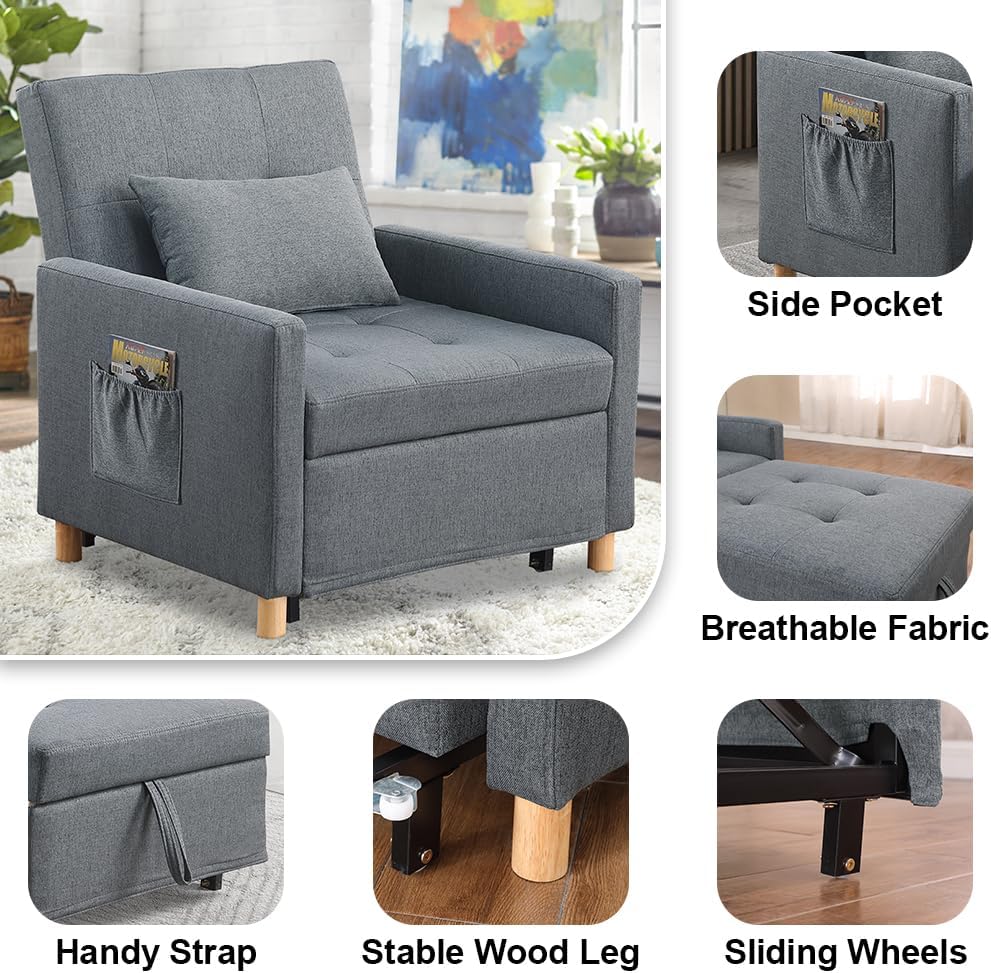 Sleeper Chair,Convertible Sleeper Sofa Chair,Pull Out Sleeper Chair with Adjustable Backrest,Multi-Functiona Lounge Chair for Living Room(Gray)