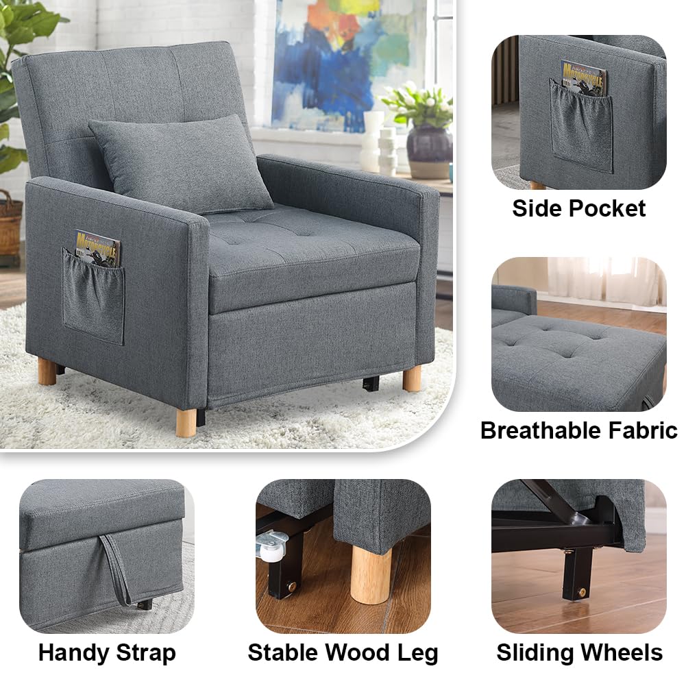 Sleeper Chair,Convertible Sleeper Sofa Chair,Pull Out Sleeper Chair with Adjustable Backrest,Multi-Functiona Lounge Chair for Living Room(Gray)