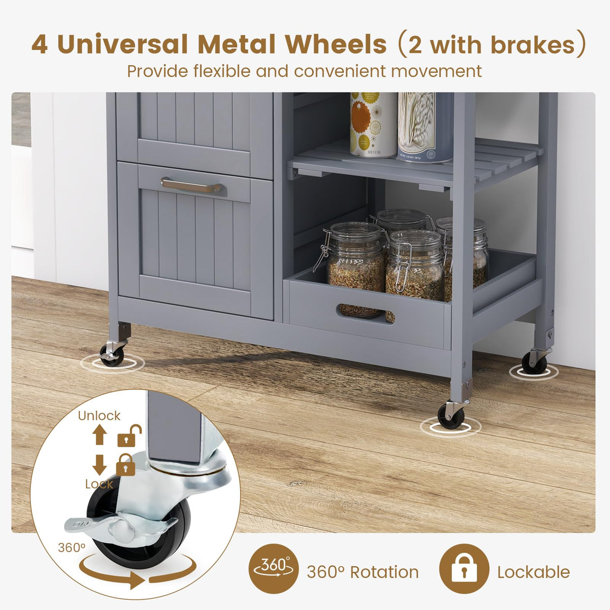GOFLAME Kitchen Island Cart on Wheels with Storage, Versatile Rolling Cart with Wood Countertop, 3 Drawers, Removable Tray & Lockable Casters, Mobile Serving Trolley for Kitchen, Dining Room, Black