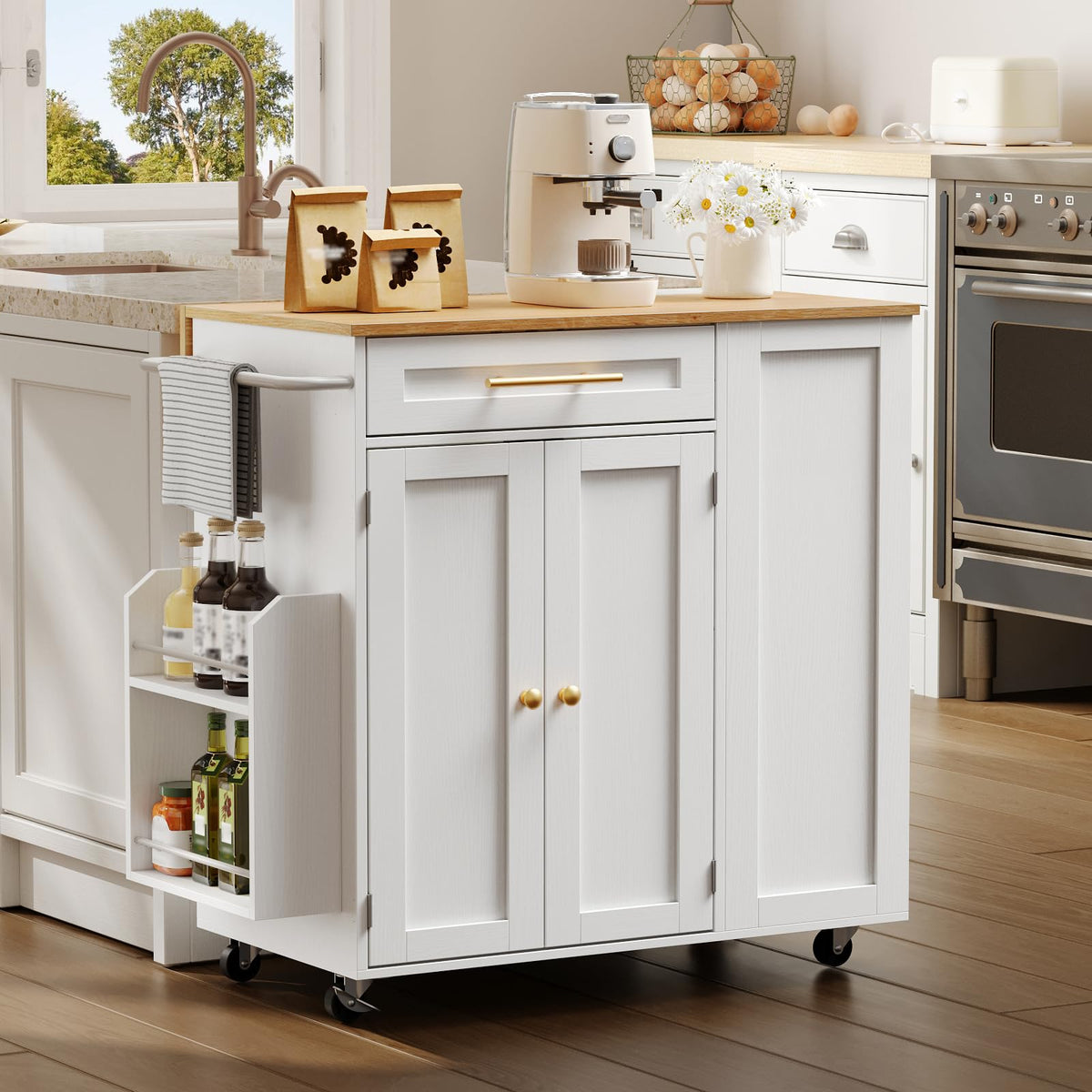 Kitchen Island with Storage, Rolling Kitchen Table with Drop Leaf, Charging Station, 3 Open Adjustable Shelf & Drawer, Towel Rack, Mobile Kitchen Cart for Dining Room, Black and Natural