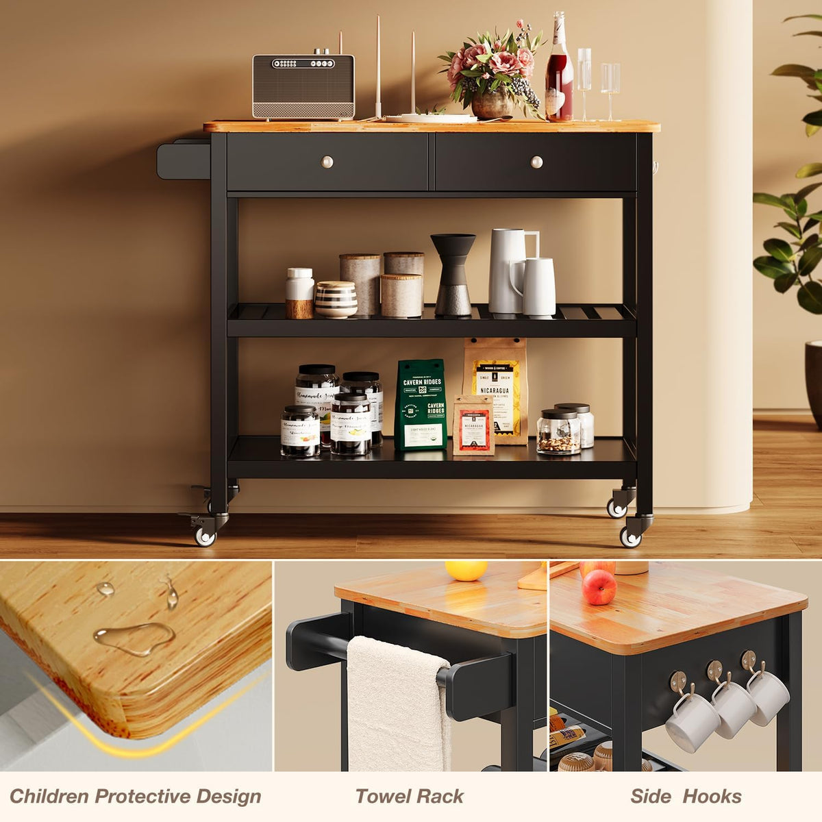 Gizoon Kitchen Island Cart with Storage and 40ââ Wooden Top, Black