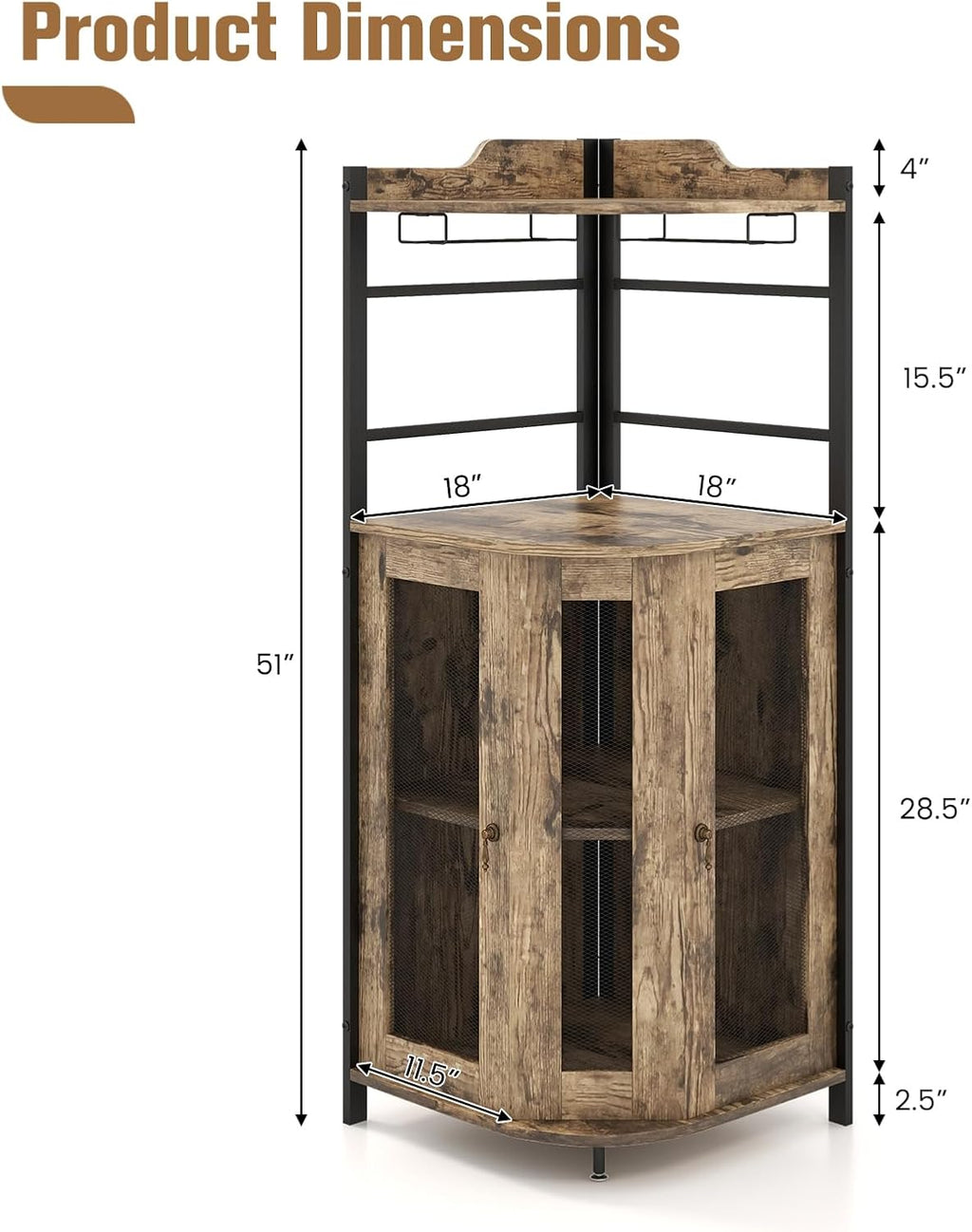 LOKO Corner Wine Bar Cabinet with Metal Mesh Doors, Glass Holder, Taupe