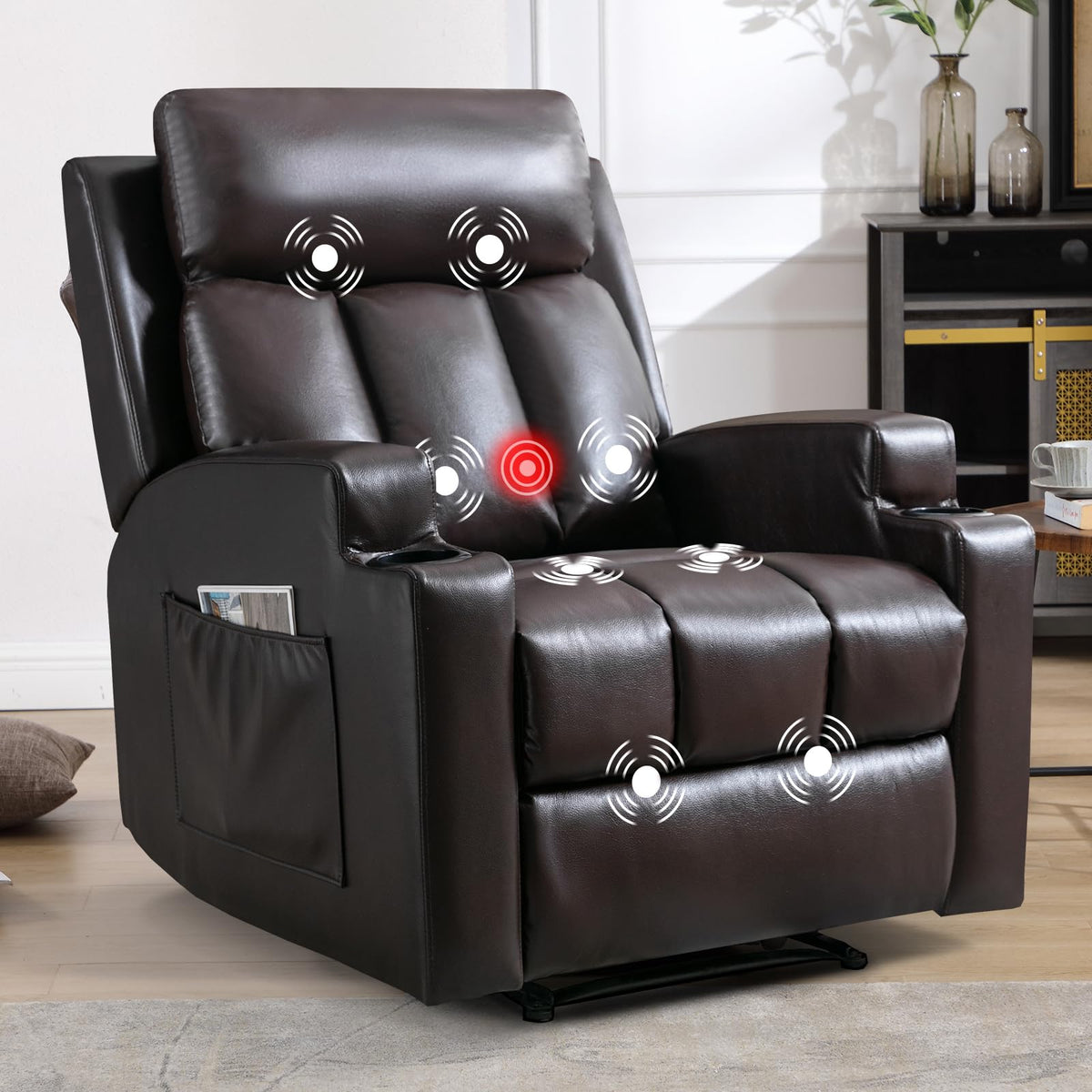 CANMOV Manual Recliner Chair with Massage and Heat, Soft Fabric Recliner Chair with Overstuffed Arm and Back, Manual Reclining Single Sofa with 2 Cup Holders, Side Pocket for Living Room, Dark Grey