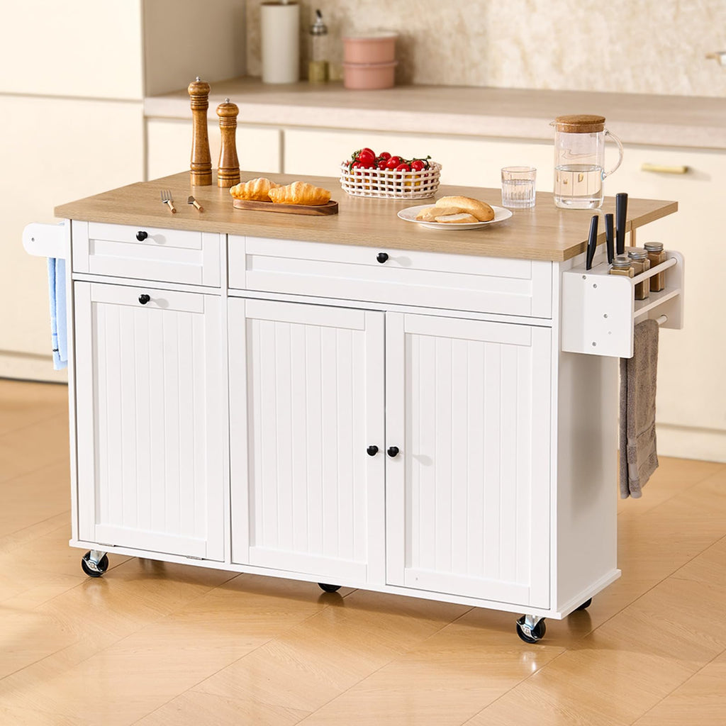 VEVOR Kitchen Island Cart with Storage, 47.64 in Wide Mobile Rolling Storage Island on Swivel Wheels, with 2 Drawers, Storage Cabinet, Drop Leaf, Towel Rack, Table for Home Dining Room, White