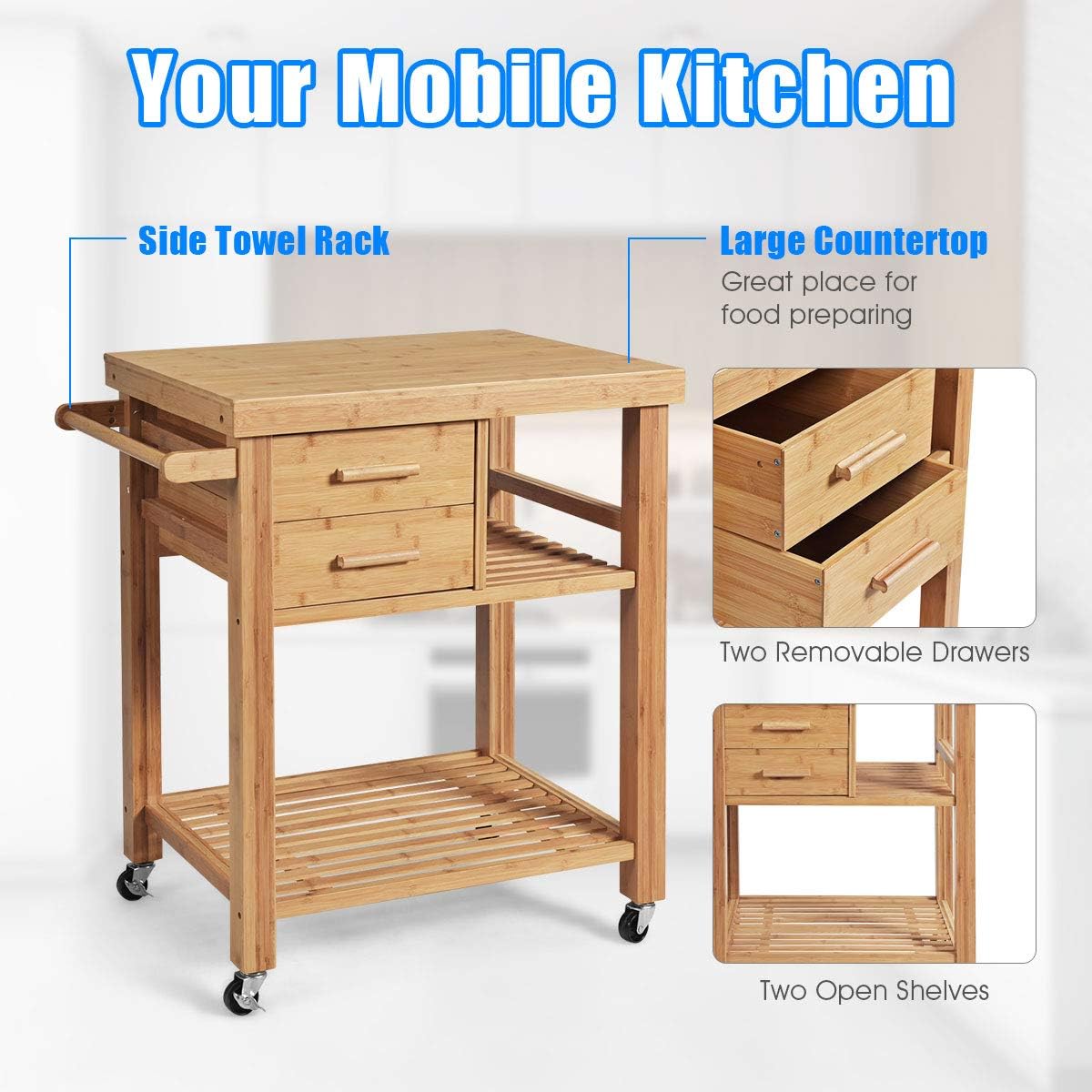 GIANTEX Kitchen Island, Bamboo Island Cart, Kitchen Trolley Cart on Wheels, Rolling Kitchen Cart, 2 Drawers, Towel Rack, Casters with Lock (Natural)