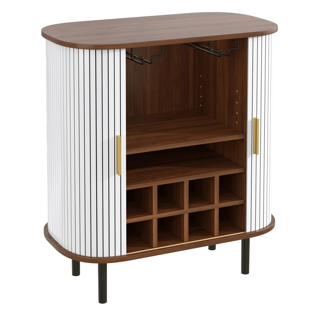 Natural Wine & Coffee Bar Cabinet with Gold Handle & Sliding Tambour Doors,Modern Curved Liquor Cabinet Coffee Station with 8*Wine Rack & 2*Glass Holders,5-Level Adjustable Shelf & Side Hidden Storage