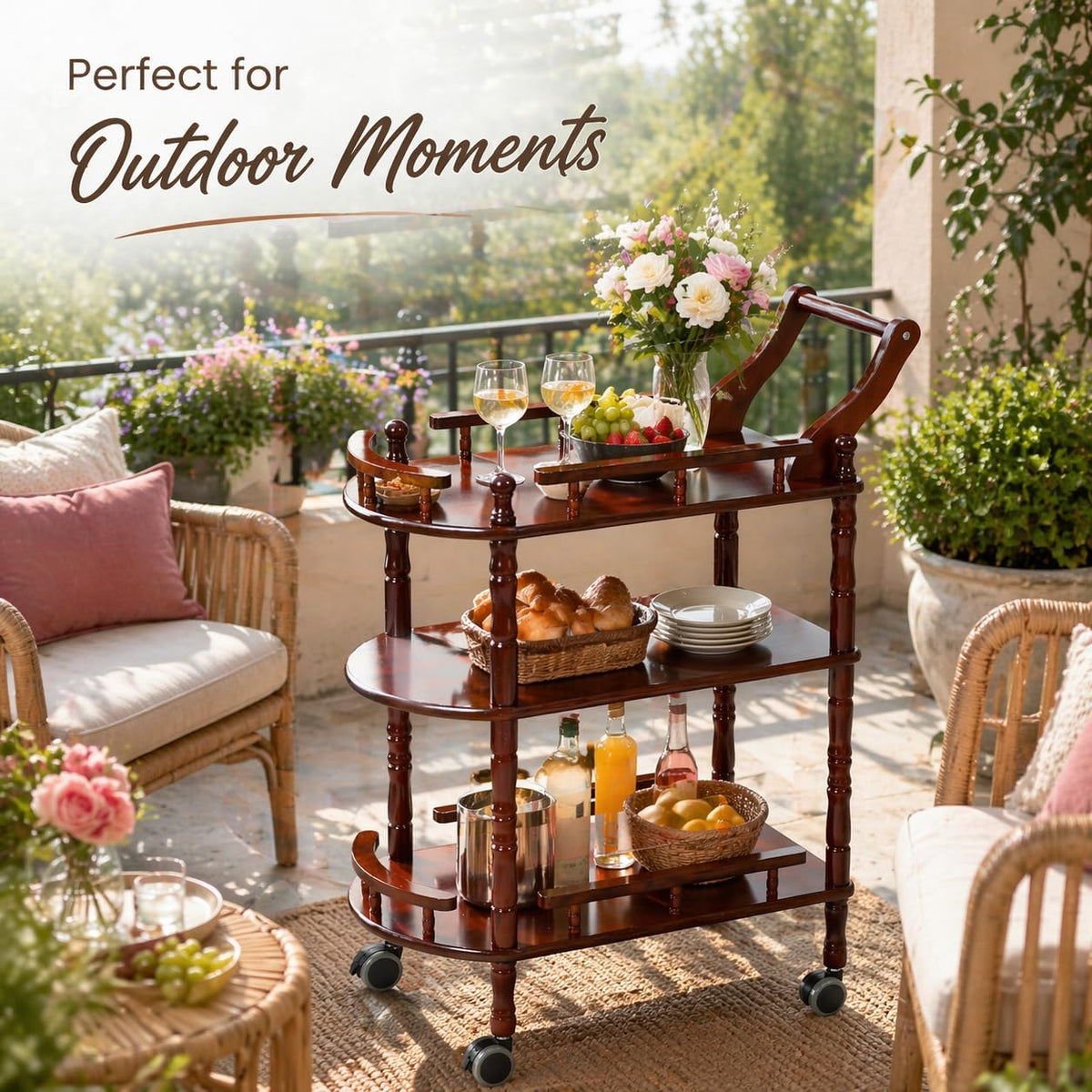 Entertainment Kitchen Cart, Midcentury Modern Imported rubberwood Brown Finished Wood 3-Tier Mobile Bar Cart Serving Cart