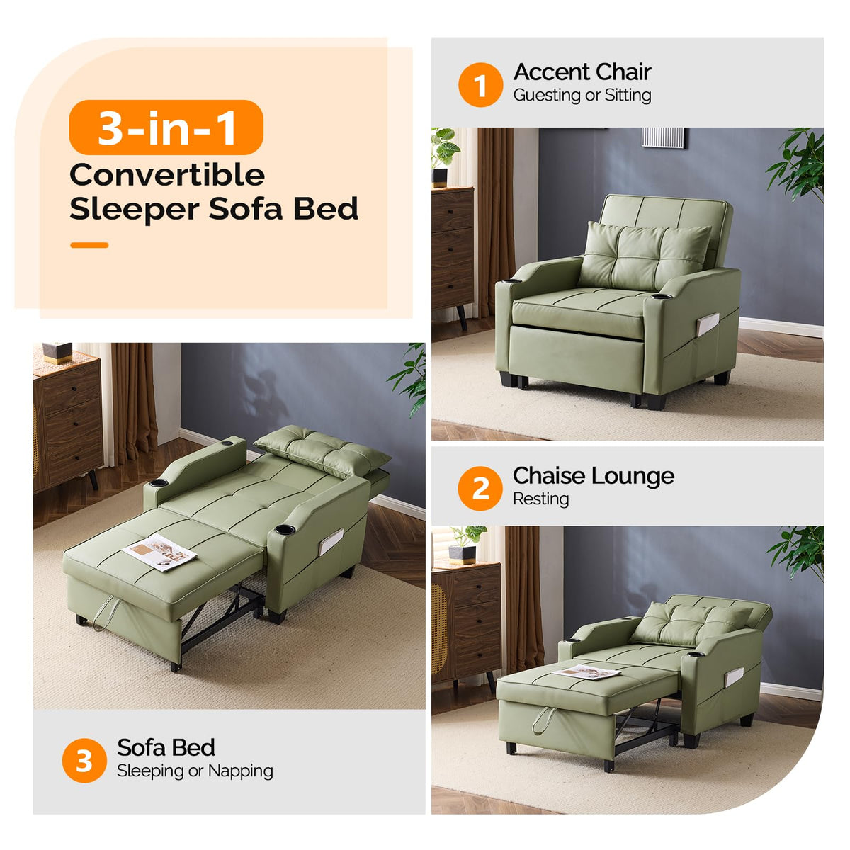 VINGLI Convertible Sleeper Chair Bed, Pull Out Sofa Couch for Living Room
