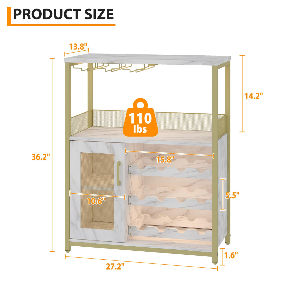 Jojoka 3 Tier Wine Bar Cabinet with LED Lights, Adjustable Storage, Liquor Rack, Glass Holder, Mesh Door, Multi Functional Coffee Bar Sideboard Buffet for Home, Dining Room