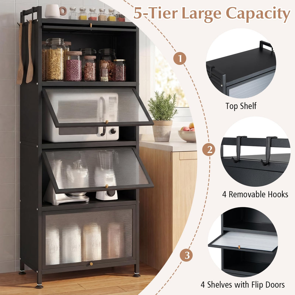 GIANTEX 5-Tier Kitchen Storage Cabinet, 4 PC Doors, Rolling Wheels, White