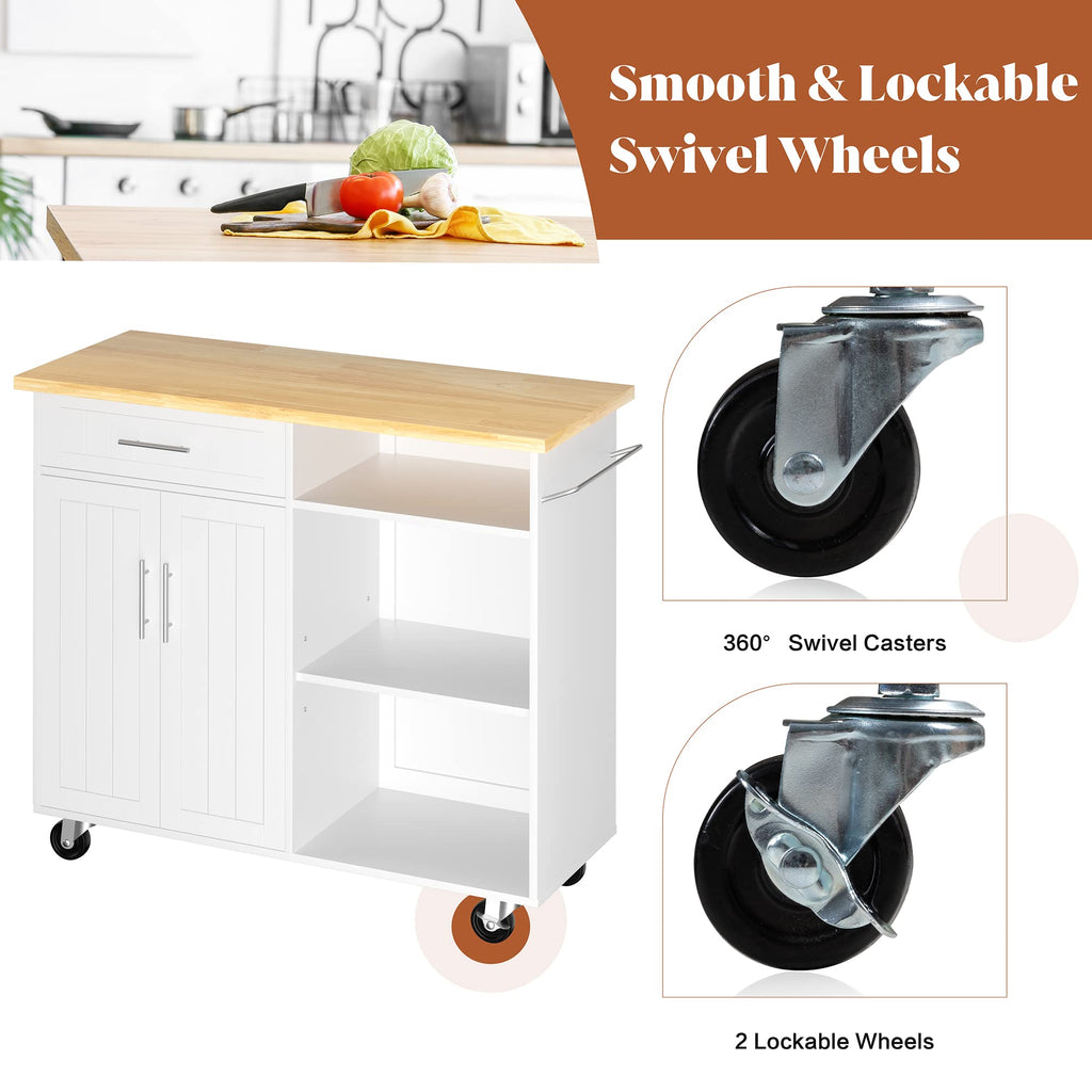 JY QAQA 26" Rolling Kitchen Island Cart on Wheels, Mobile Storage Cabinet with Adjustable Inner Shelves, Kitchen Prep Cart with Towel Rack & Lockable Casters for Small Apartment Kitchen, White