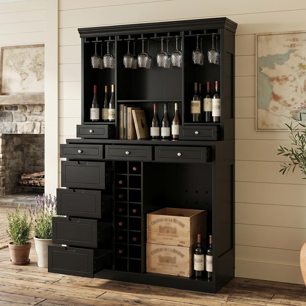 Coffee Bar Cabinet with Mini Fridge Space, 77.5" Tall Liquor Cabinet with Hutch, Glass Holder & Wine Rack, Modern Home Bar Storage with 9 Drawers for Kitchen Dining, Black