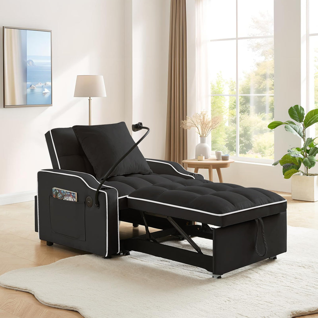 Convertible Single Sleeper Chair Bed,3 in 1 Velvet Futon Sleeper Sofa Bed with Phone Holder&USB Ports,Pull Out Couch Bed,Adjustable Recliner Armchair bed for Living Room,Office,Small Places(Grey)