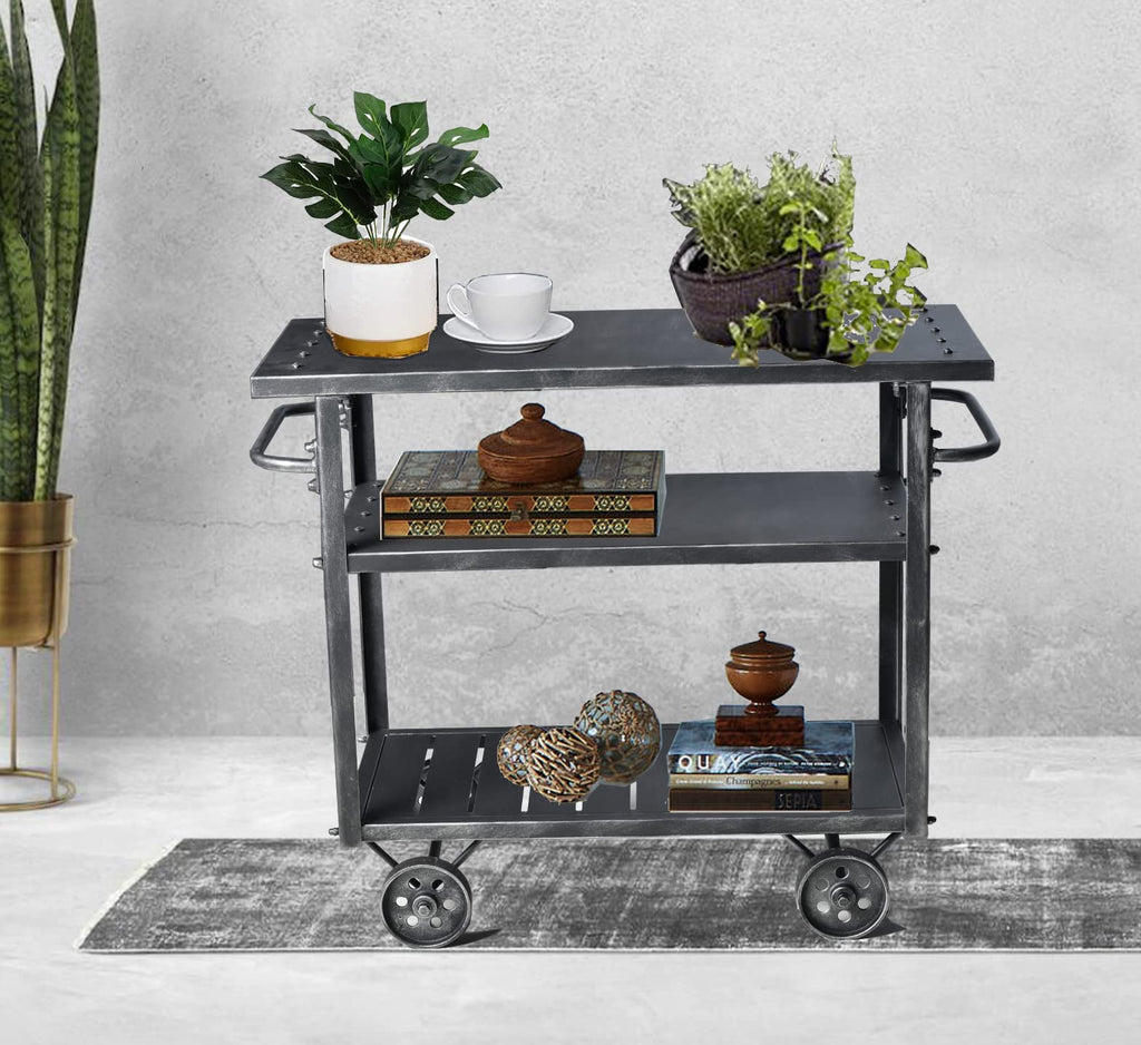 Industrial 3 Tier Rolling Utility Storage Cart Wine Beverage, Metal Wine Rack with Wheels Kitchen Bar Dining Room Tea Wine, Storage Cart with Wood