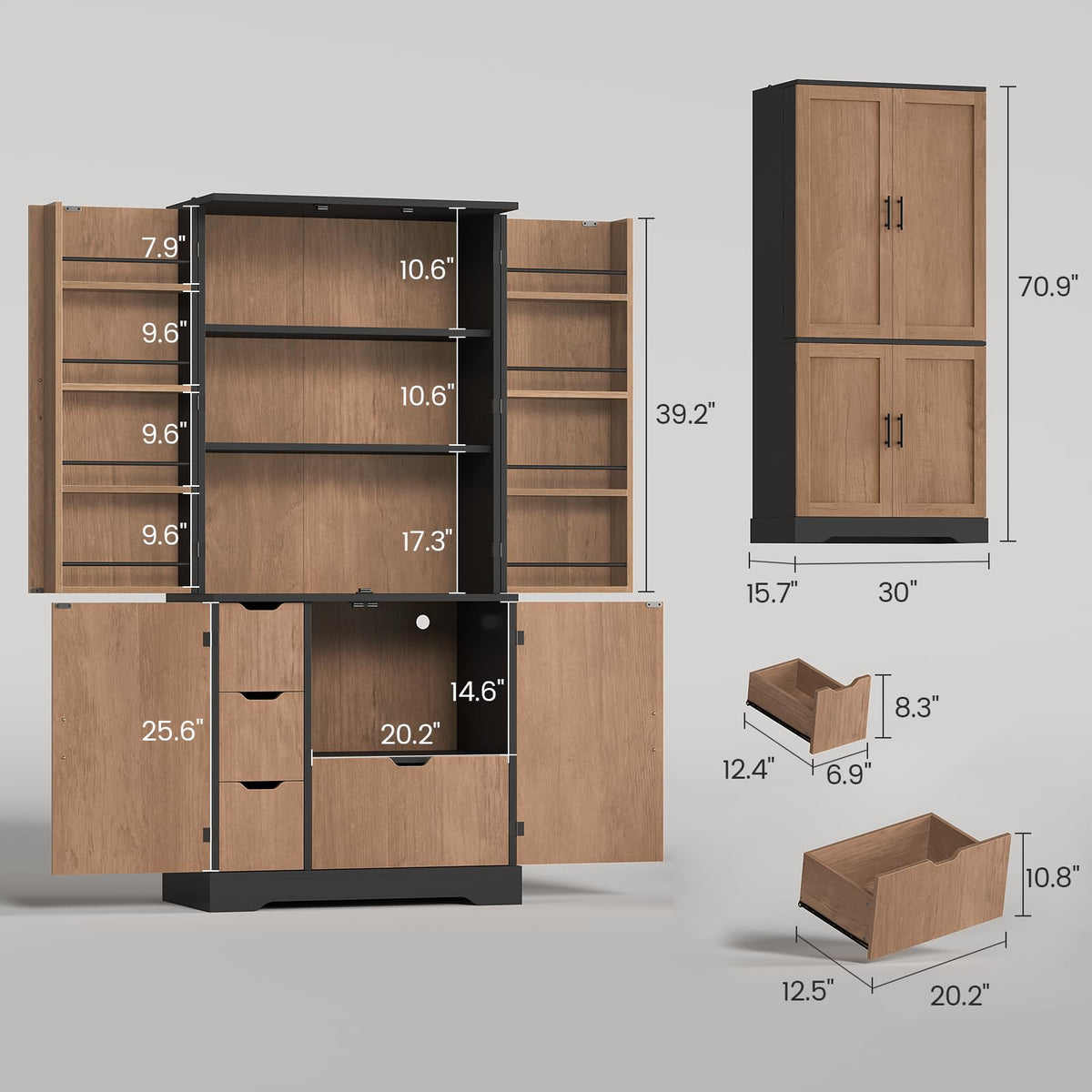 Itaar 71" Kitchen Pantry Cabinet with Charging Station and Led Light, Kitchen Storage Cabinets with Microwave Stand, 59" Wide Pantry Storage Cabinet with Storage Cart 3 Tier for Dining Room, White