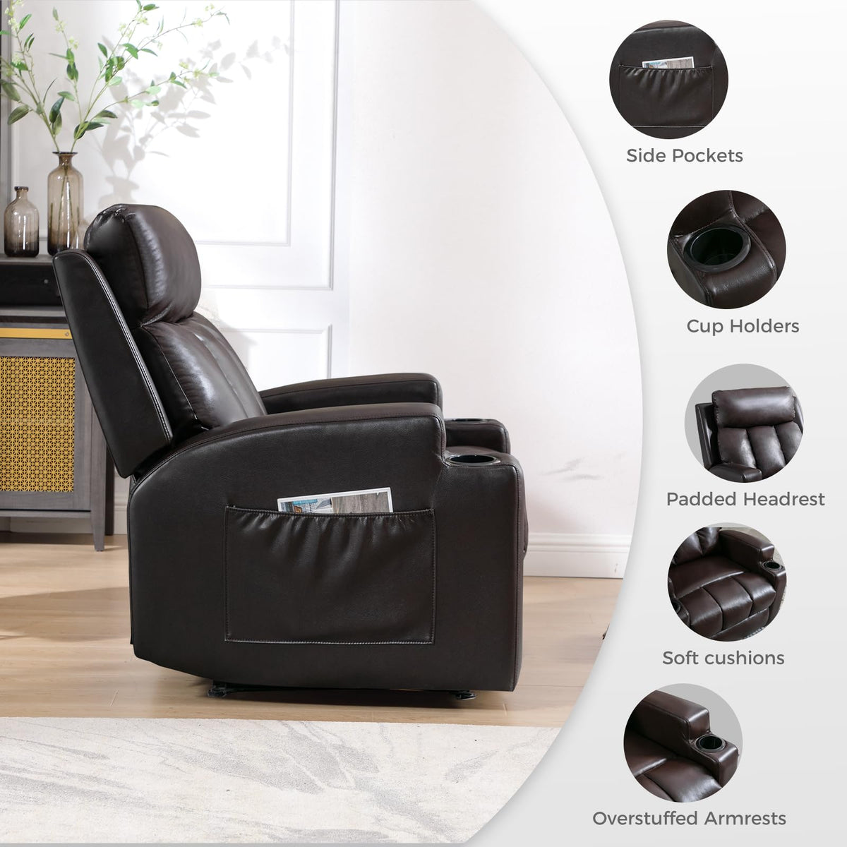 CANMOV Manual Recliner Chair with Massage and Heat, Soft Fabric Recliner Chair with Overstuffed Arm and Back, Manual Reclining Single Sofa with 2 Cup Holders, Side Pocket for Living Room, Dark Grey