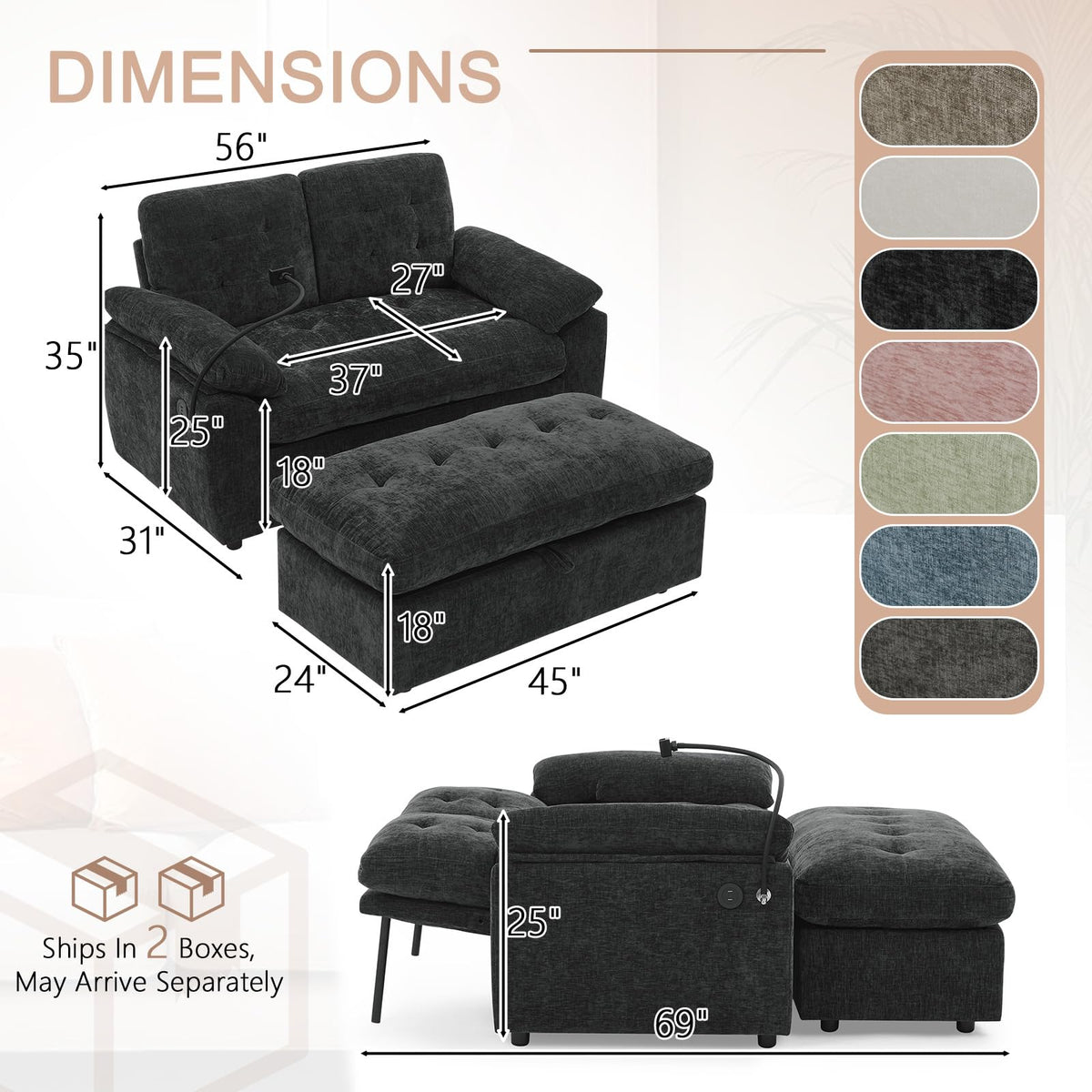 Oversized Chaise Lounge Chair Indoor, Single Convertible Recliner Reading Arm Sofa Chair W/Adjustable Backrest & Charging Port Couch Bed for Living Room, Home Theater & Bedroom, Brown