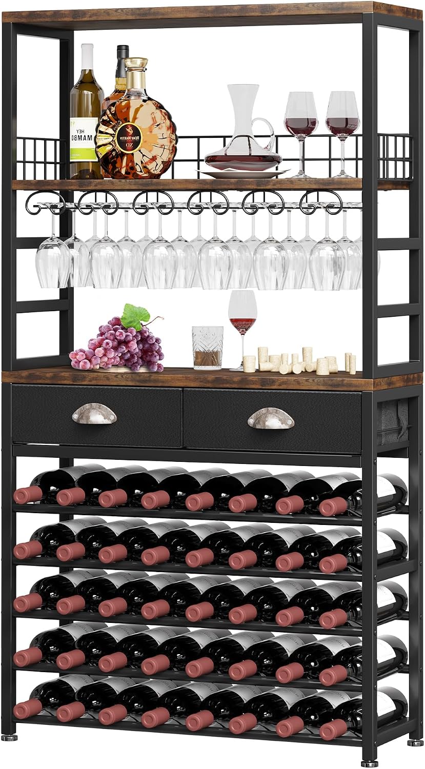 Homeiju Wine Cabinet with Storage, Wine Rack Freestanding Floor, 6-Tier with Tabletop, Drawer and Wine Storage for Home Bars