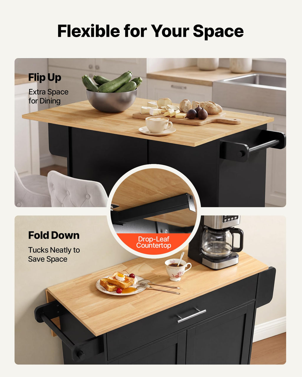 VEVOR Kitchen Island Cart with Storage, 42.28 in Wide Mobile Rolling Storage Island on Swivel Wheels, with Drawer, Storage Cabinet, Drop Leaf, Spice Rack, Table for Home Dining Room, White