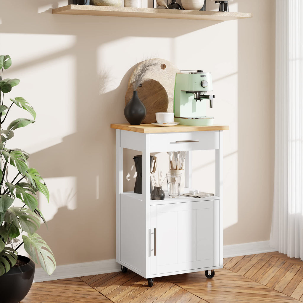 JY QAQA 26" Rolling Kitchen Island Cart on Wheels, Mobile Storage Cabinet with Adjustable Inner Shelves, Kitchen Prep Cart with Towel Rack & Lockable Casters for Small Apartment Kitchen, White