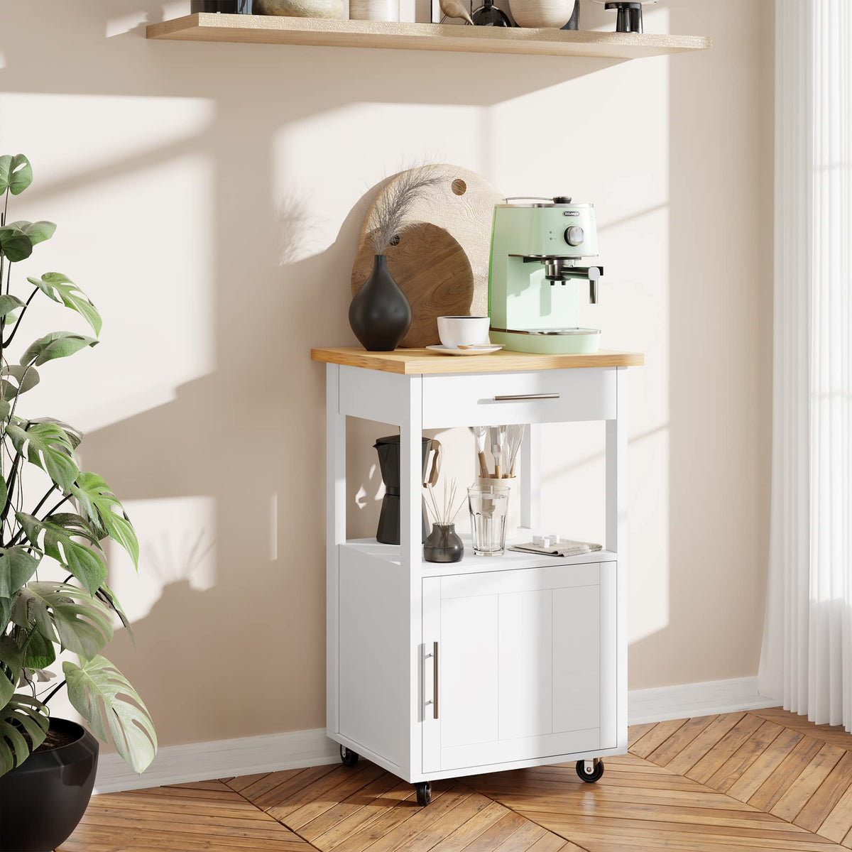 JY QAQA 26" Rolling Kitchen Island Cart on Wheels, Mobile Storage Cabinet with Adjustable Inner Shelves, Kitchen Prep Cart with Towel Rack & Lockable Casters for Small Apartment Kitchen, White