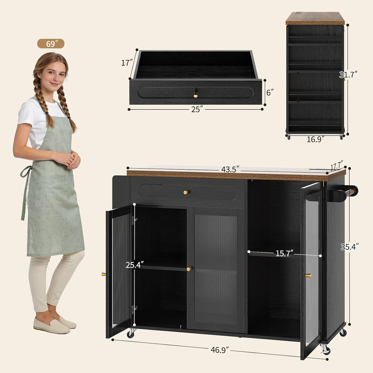 Kitchen Island with Power Outlet - Kitchen Cart on Wheels with Storage Cabinets & Drawers, Rolling Island Table with Spice & Towel Rack, Portable Islands with Large Wood Counter, Dinning Room