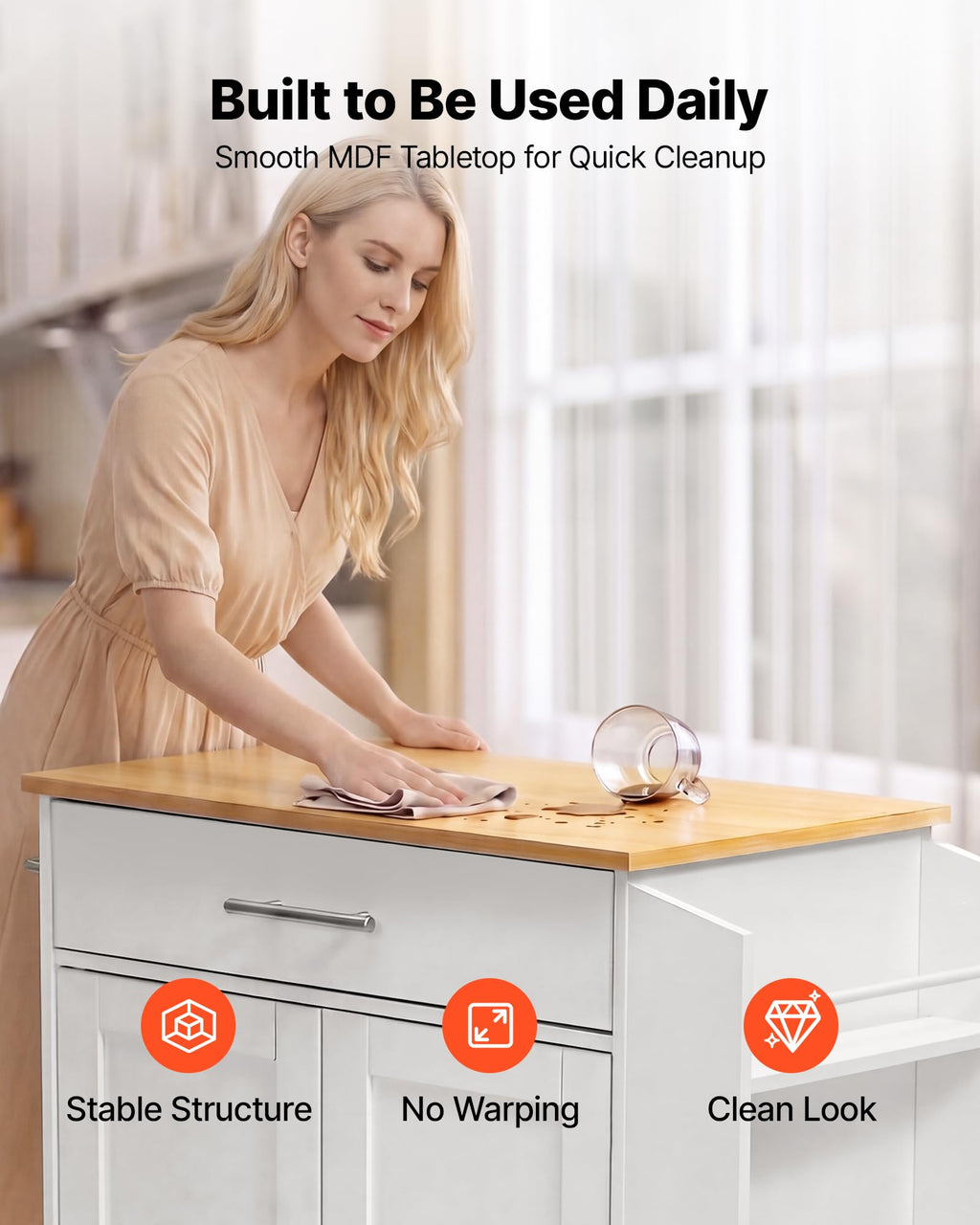 VEVOR Kitchen Island Cart with Storage, 47.64 in Wide Mobile Rolling Storage Island on Swivel Wheels, with 2 Drawers, Storage Cabinet, Drop Leaf, Towel Rack, Table for Home Dining Room, White