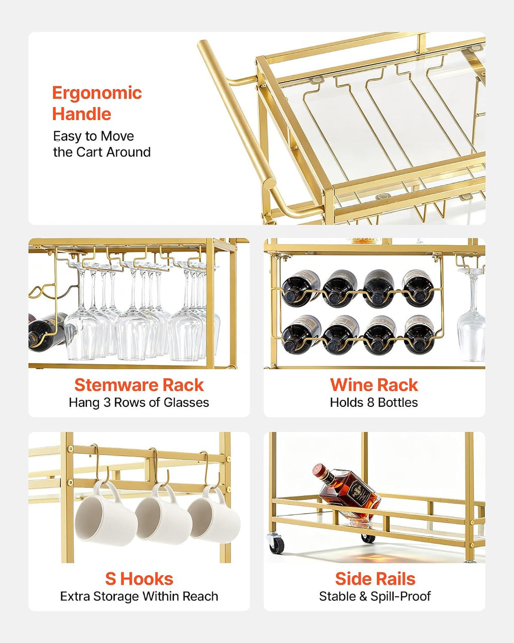 VEVOR Bar Cart, 3 Tiers Home Kitchen Serving Carts, Modern Rolling Utility Station on Wheels, Drink Beverage Trolley with Tempered Glass Shelves, Wine Rack, Glass Holder, for Living Dining Room, Gold