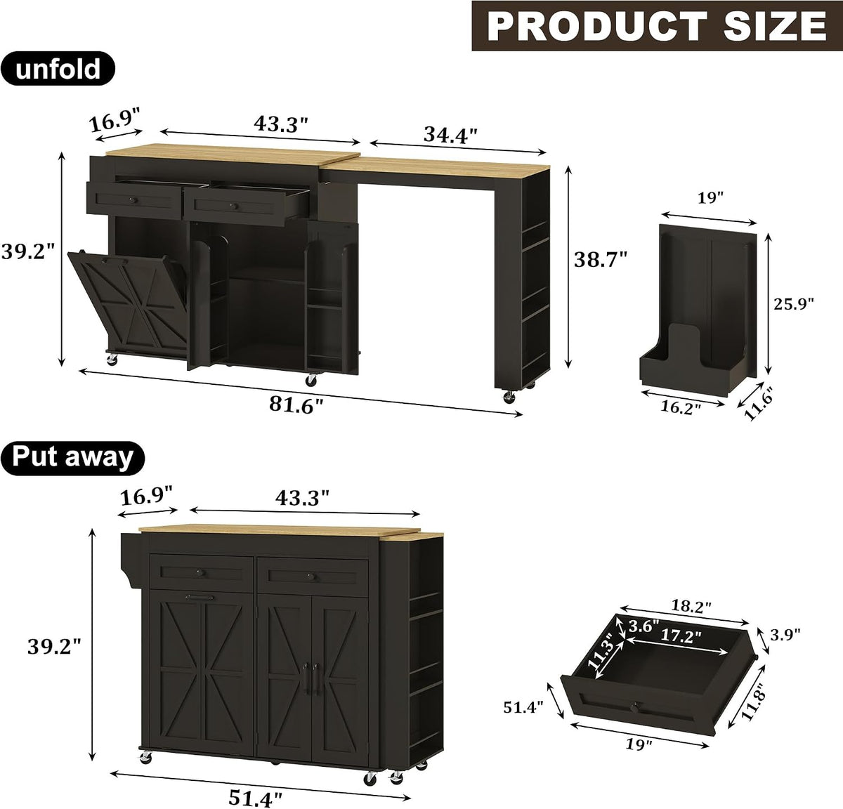 81.6"-51" Extendable Rolling Kitchen Island with Extended Dining Table & Power Outlet, Mobile Kitchen Storage Islands with Trash Cabinet, Large Islands Cart with Storage and 2 Seatings, Black