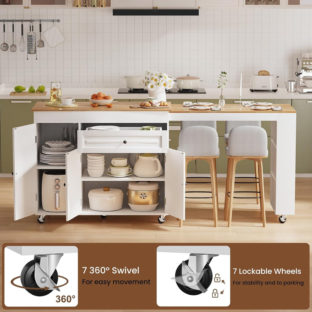 Expandable Kitchen Island with Storage Drawer and Wheels, White