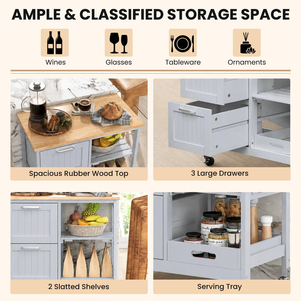 GIANTEX Kitchen Island Cart on Wheels, Rolling Utility Cart w/Rubber Wood Top, 3 Storage Drawers & 2 Removable Shelves & Removable Tray, Lockable Casters, Serving Cart for Dining Room, Bar, White