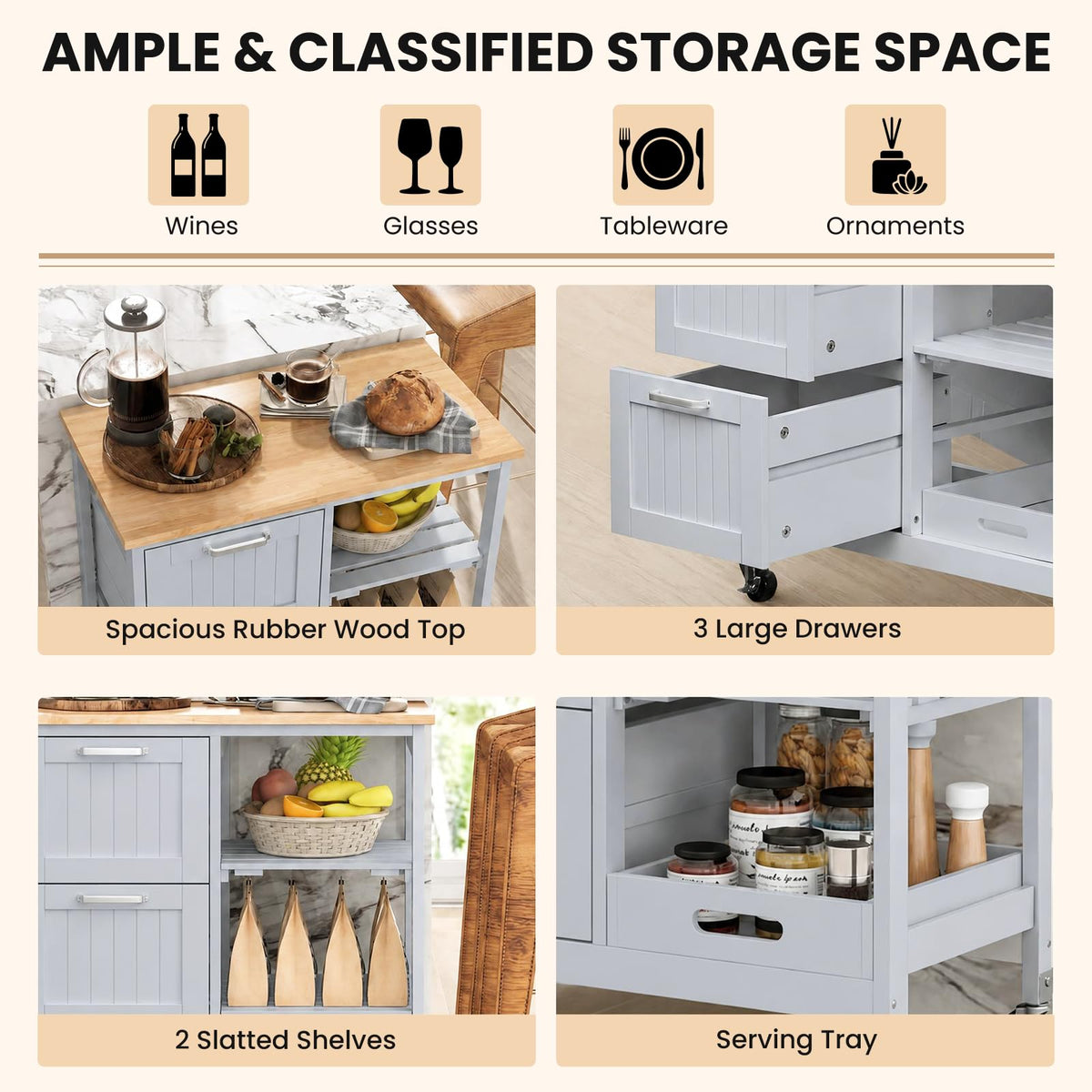 GIANTEX Kitchen Island Cart on Wheels, Rolling Utility Cart w/Rubber Wood Top, 3 Storage Drawers & 2 Removable Shelves & Removable Tray, Lockable Casters, Serving Cart for Dining Room, Bar, White